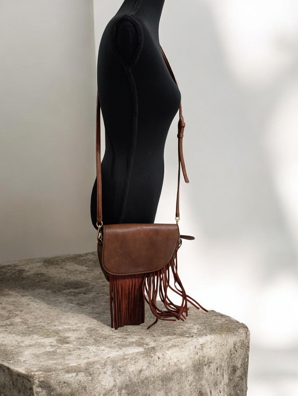 Brown  Faux Leather Fringe Crossbody Bag By Vieta EUC